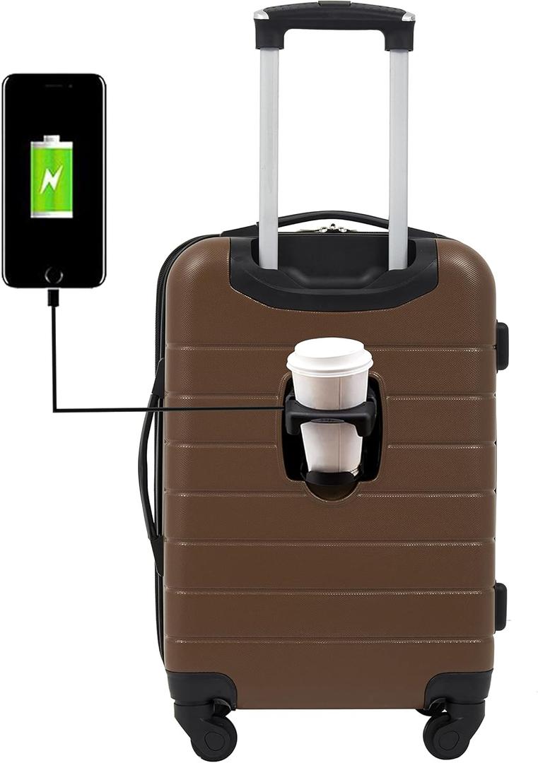 Wrangler Smart Luggage Set with Cup Holder and USB Port, Toffee, 20-Inch Carry-On