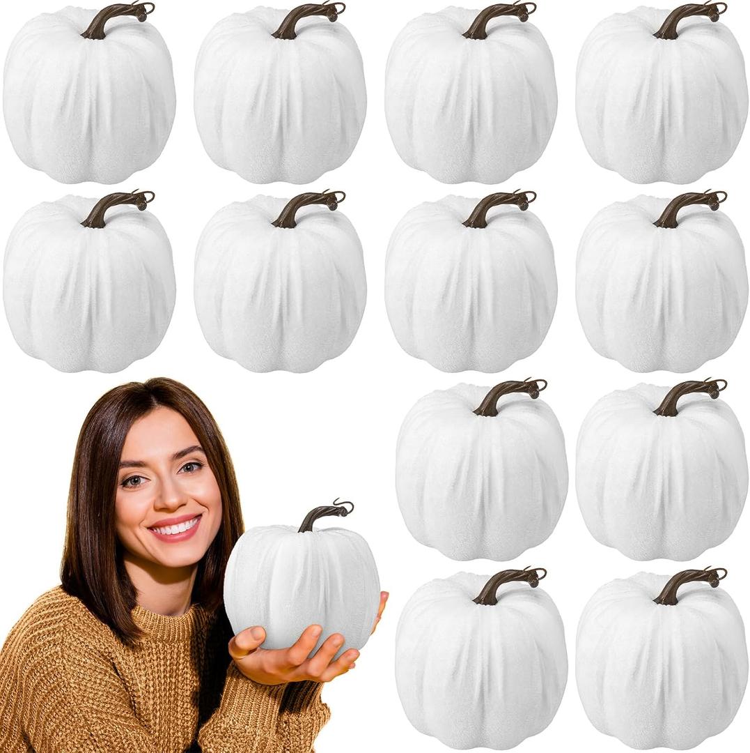 12 Pcs 6 Inches Large Pumpkins for Decorating Big Artificial Velvet Foam Pumpkins Fall Table Decoration for Autumn Fall Thanksgiving Halloween(White) 12 Pcs 6 Inches Large Pumpkins for Decorating Big Artificial Velvet Foam Pumpkins Fall Table Decoration for Autumn Fall Thanksgiving Halloween(White)