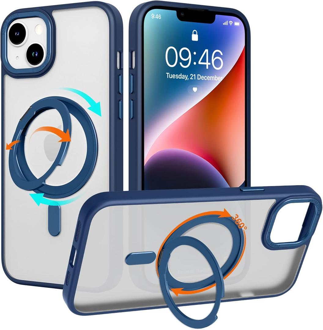 ZIYE Magnetic Case for iPhone 14 Case with Stand [Compatible with MagSafe] Slim Shockproof Military Grade Heavy Duty Cover with 360 Rotatable Ring Kickstand for Women Men, Translucent Blue