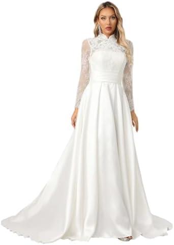 ZHEXUDAI Lace Stamp High Neck Wedding Dress with Long Sleeves ，Elegant Satin A-Line Bridal Gown with Train for Formal, M