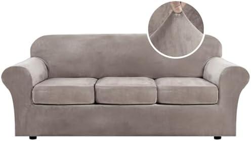 H.VERSAILTEX Modern Velvet Plush High Stretch Sofa Slipcover Furniture Protector Form Fit Luxury Thick Sofa Cover for 3 Cushion Couch, Machine Washable Width Up to 90 Inch (Sofa,Taupe), 6Piece