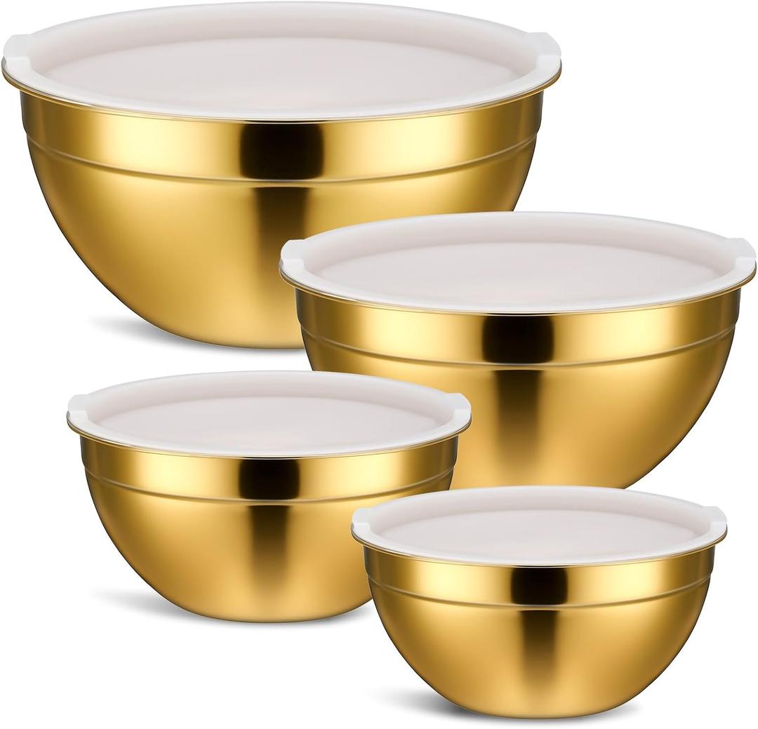 Giantree 4 Pcs Gold Mixing Bowls with Airtight Lids, Stainless Steel Mixing Bowls Metal Nesting Organizers for Kitchen Mixings Prepping Storing Serving Food, Non-slip Bottom Size 5.5, 3.6, 2.7, 2.1Qt