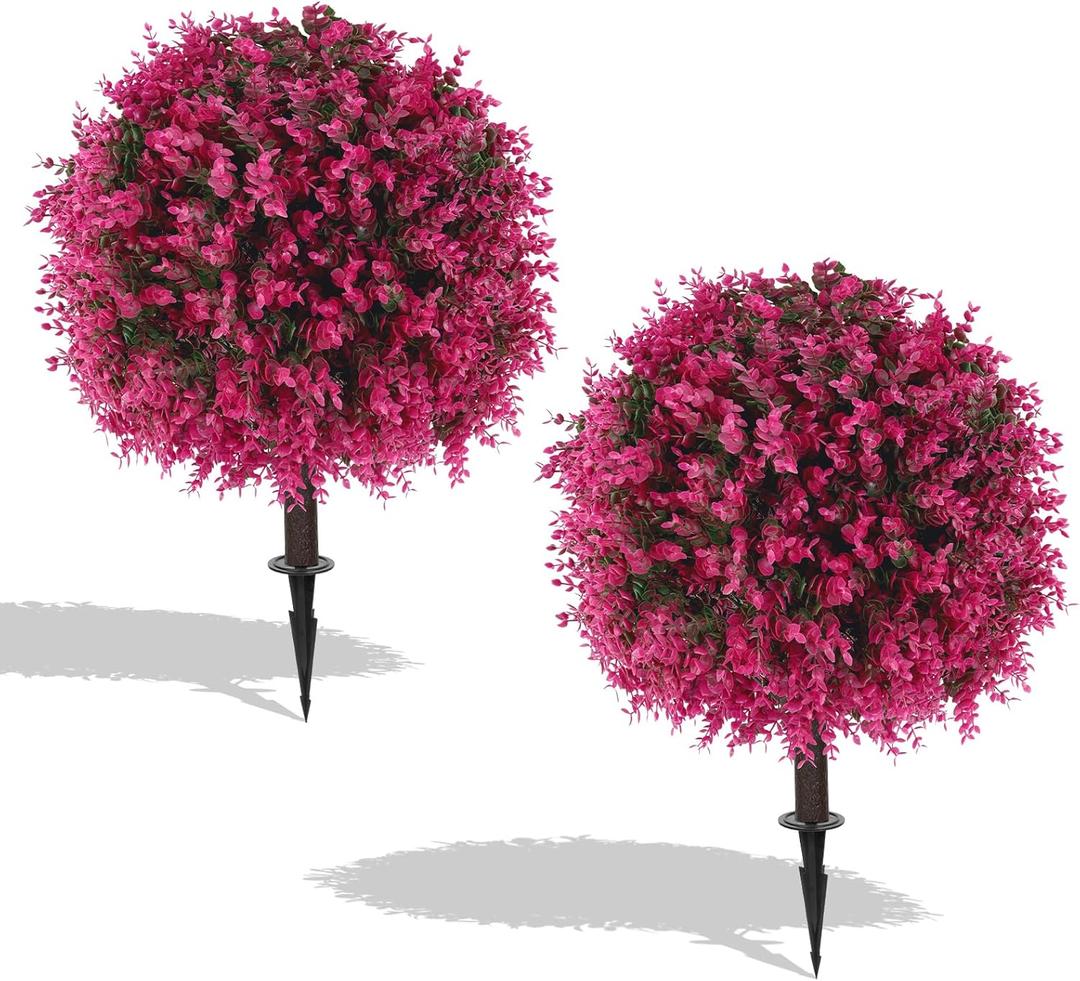 Artificial Pink Eucalyptus Topiary Ball Trees, 2 Set of 16'' UV Resistant Fake Evergreen Shrubs Bushes Plants with Ground Spike, Fake Plants for Outdoor Indoor Front Porch Garden