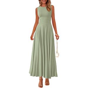 PRETTYGARDEN Womens Summer Dresses 2026 Casual Sleeveless Crewneck Aline Maxi Dress Stretch Tank Flowy Long Dresses (Bean Green, X-Large)