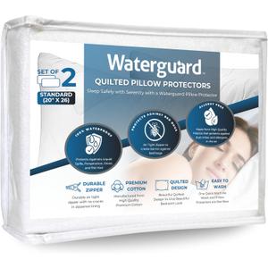 Waterguard Quilted Pillow Protector - Waterproof and Bed Bug Proof Standard Size Zippered Pillow Protector - Luxury Designed Pillowcases Protects Pillows from Dirt, Dust Mites, Stains, & Spills