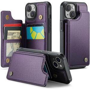Compatible with iPhone 15 Wallet Case with Card Holder RFID Blocking for Women Men, Double Magnetic Clasp Kickstand Shockproof Phone Case Fit for iPhone 15, Purple