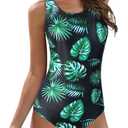 American Trends One Piece Swimsuit Women Criss Cross Back Color Block Print Bathing Suits Athletic Modest Swimwear (10-12, Black Green Leaves)