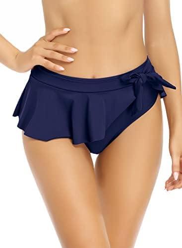 SHEKINI Women's Ruffle Bikini Bottom Tummy Control High Waisted Tie Knot Bathing Suit Bottoms, Size L