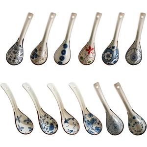 Raelitego 12pcs Asian Soup Spoon, Ceramic Chinese Soup Spoons, Deep Oval Hook Non-slip Japanese Spoons for Rice Ramen Pho Miso Soup Wonton Noodle, Luck and Prosperity Gifts for Friends Parents Family