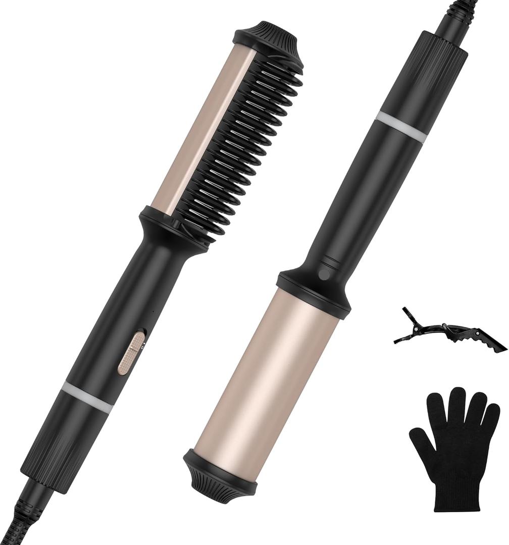 Hair Straightener Brush & Curler 2 in 1 - Anti-Scald Straightening Comb 7 Temps Settings up to 250-450F with Ceramic Coating, 20s Fast Heating, Double Voltage Professional Styling Tools