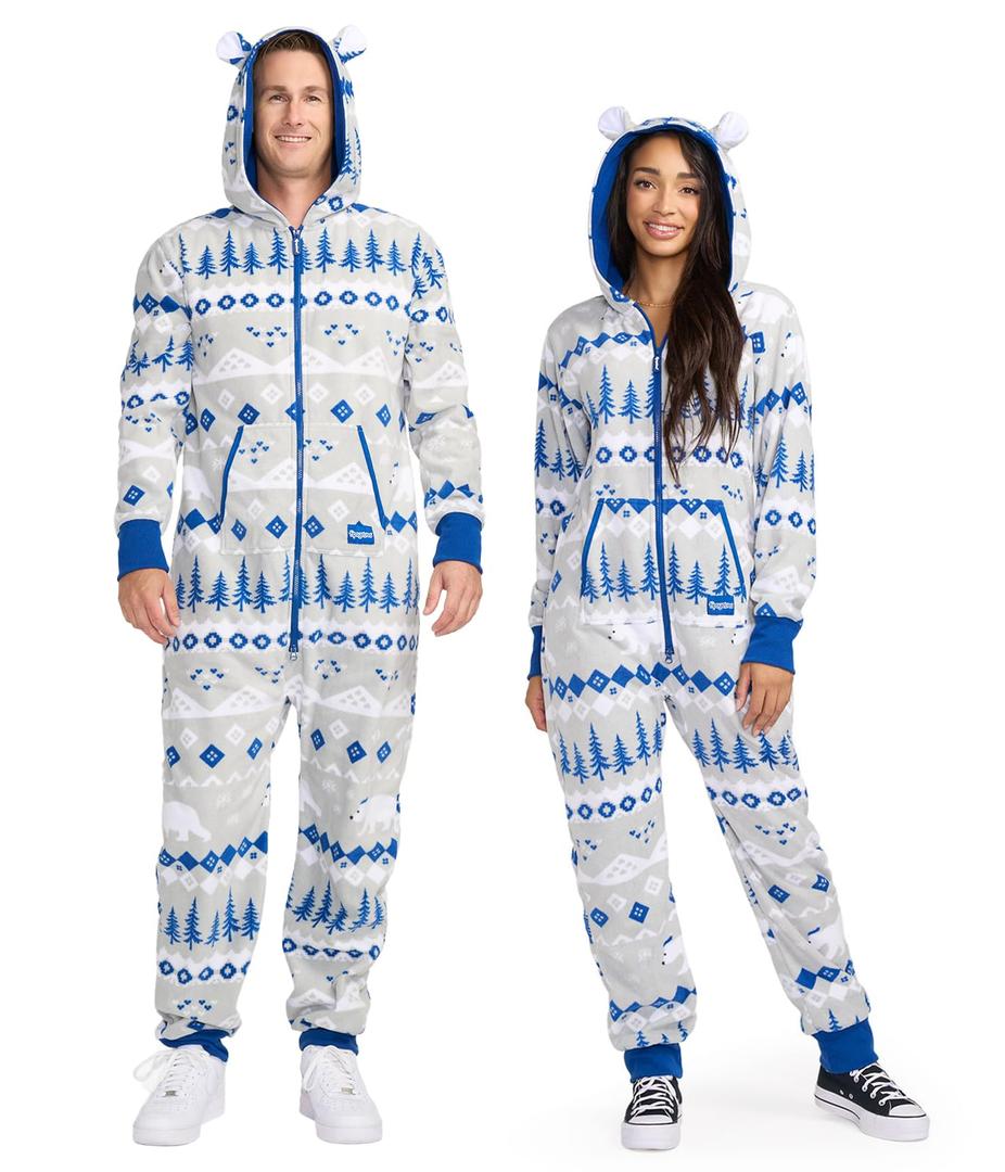 Tipsy Elves Christmas Onesies for Adults - Comfy Unisex Matching Holiday Jumpsuits with Convenient Pockets - Cozy Grey Bear The Winter Christmas Jumpsuit Size X-Large
