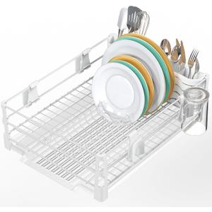 Simple Houseware White Dish Drying Rack with Drainboard, Utensil Holder & Mug Hooks Metal Kitchen Counter Organizer