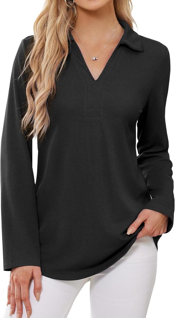 Women's Polo Shirts Collared V Neck Work Tops Long Sleeve Business Casual Dressy Blouses Textured Ribbed Tunic (Black, M)