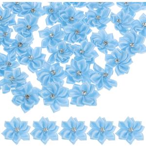 M METERXITY 200-Pack Satin Ribbon Flowers, 1.2 Inch Mini Fabric Flowers with Rhinestones Flower Ribbon Appliques for Crafts DIY/Wedding/Ornament/Party/Home [Blue]