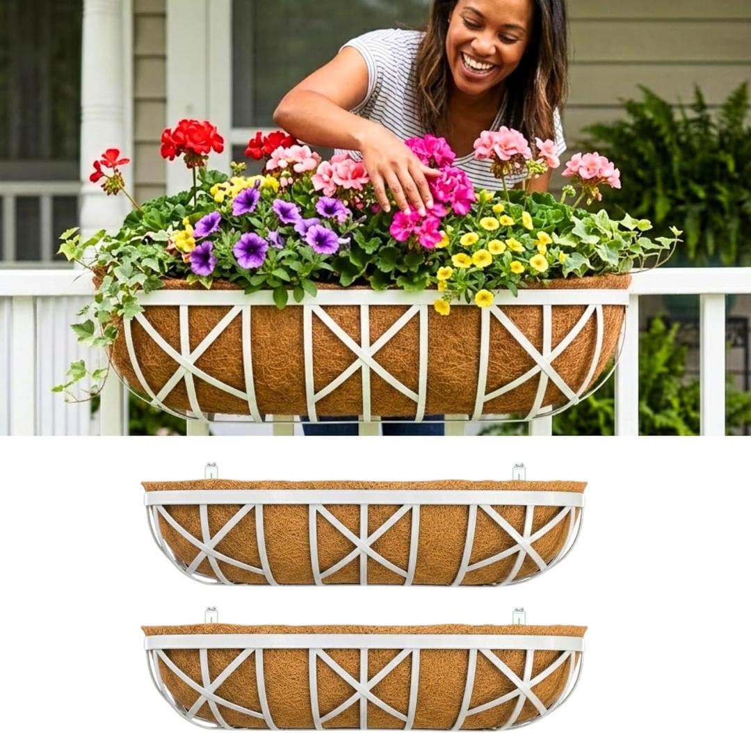 LaLaGreen Outdoor Railing Planter Box (30 Inch, 2 Pack) White Metal Coco Hanging Basket Planters Boxes with Adjustable Mount Brackets, Attach for Fence, Flower Pot Wall, Balcony Garden & Railscapes