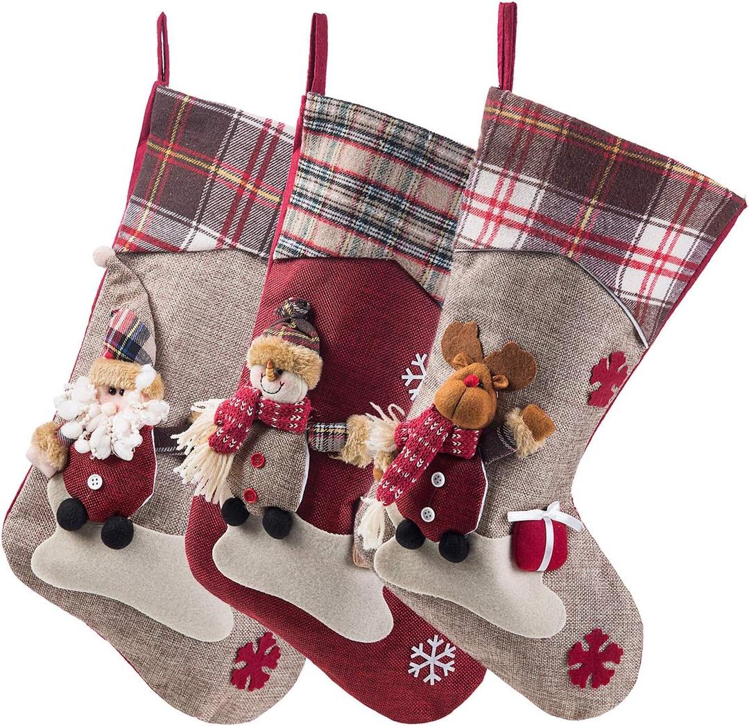 Sunnyglade 3PCS 17.5" Christmas Stocking Classic Large Stockings Santa, Snowman, Reindeer Xmas Character for Family Holiday Christmas Party Decorations