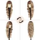 NAYOO Brown Wigs with Bangs for Women Long Curly Wavy Hair Wigs Heat Resistant Synthetic Fiber Wigs for Daily Party Use 24 Inches (Medium Brown Mixed Blonde)