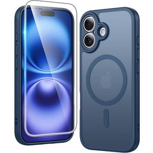 FNTCASE for iPhone 16 Case Matte: Magnetic Phone Cases with Screen Protector Drop Proof Compatible with Magsafe Slim Anti Yellowing Rugged Shockproof Protective Translucent Cell Cover (C-Blue)