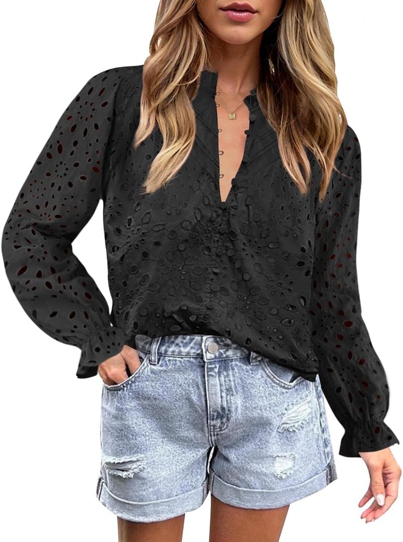ZESICA Women's Casual Blouse Tops Puff Long Sleeve Button V Neck Hollow Out Eyelet Lace Embroidered Shirt Dressy (Black, L)