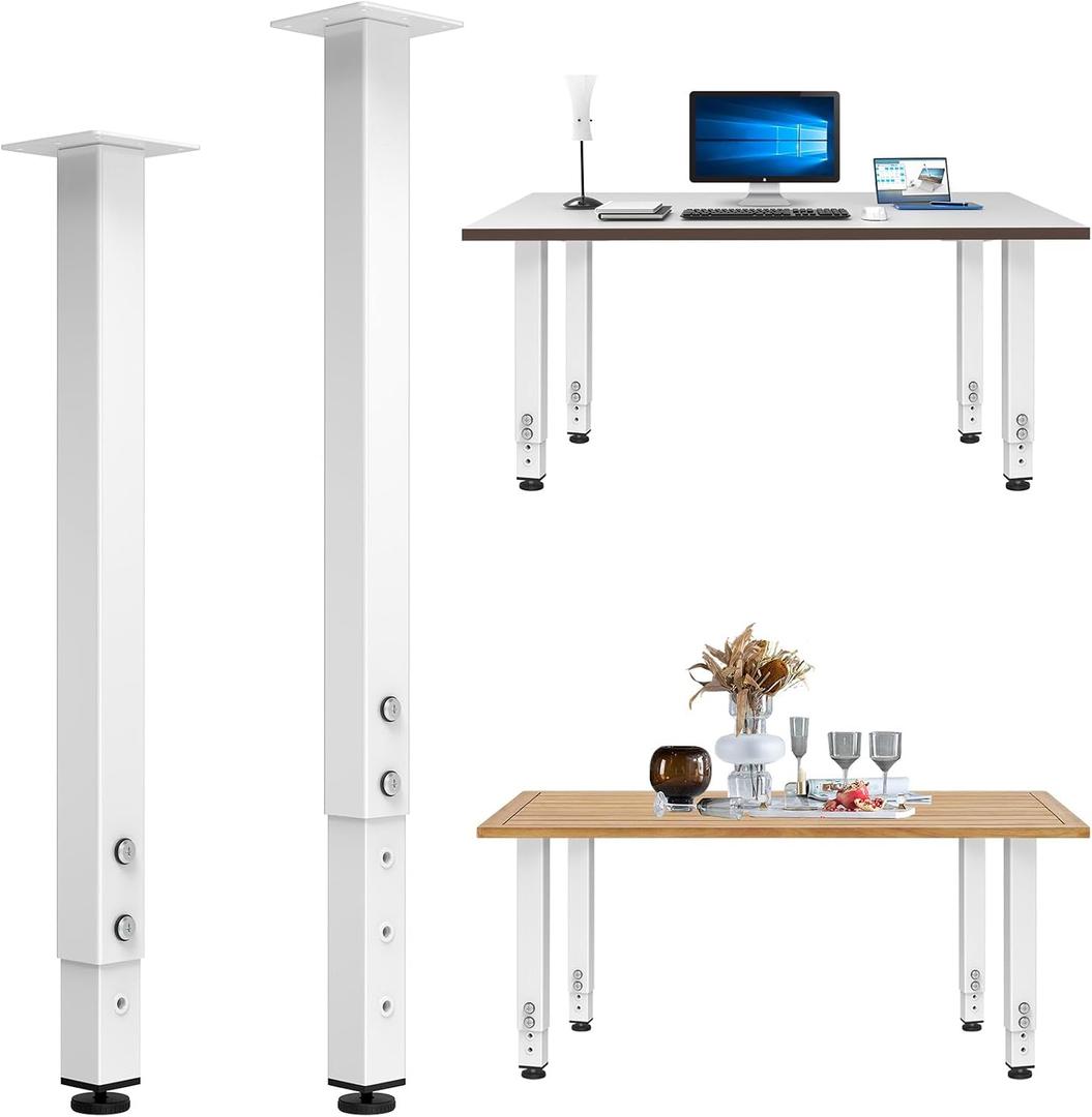 2PCS Adjustable Square Table Leg (24-40inch), Metal Desk Legs, 2PCS-White