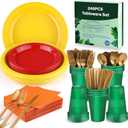 Kochorie 240 Pieces Plastic Dinnerware Set Disposable Heavy Duty Plates Napkins Cups and Silverware Dessert Dinner Plates for Birthday Wedding Thanksgiving Party Supplies, Serves 30 Guests (Yellow, Green, Orange, Deep Red)
