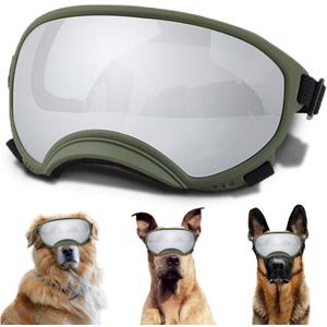 Winproof Large Dog Sunglasses with Adjustable Strap, UV Protection, Soft Goggles for Medium-Large Dogs (Army GreenSilver)