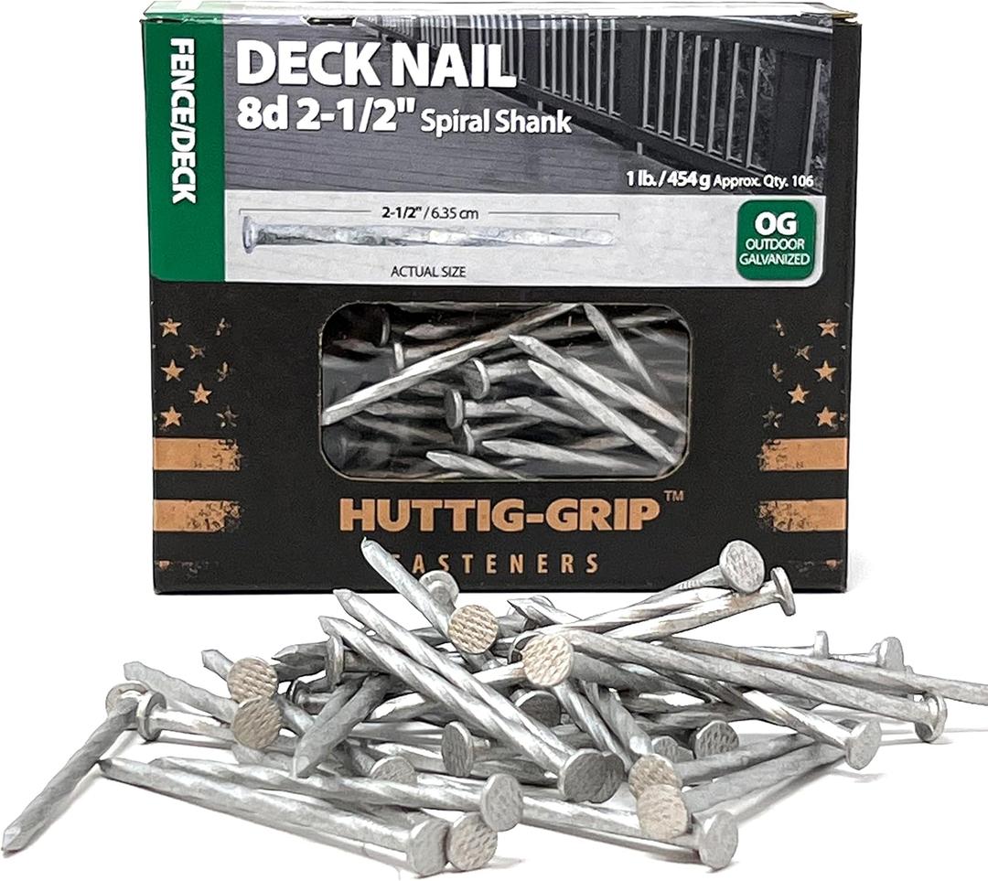 Huttig-Grip Fence Deck Nails 2-1/2 inches 8d for Wood Fencing HGN8OGSTDK1 Spiral Shank Outdoor Galvanized Finish, 1 lb Pack of 106 Nails