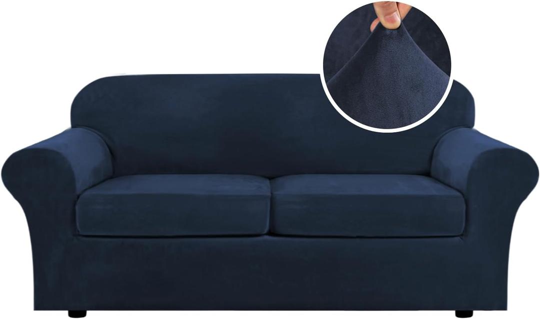 H.VERSAILTEX Real Velvet Plush 3 Piece Stretch Sofa Covers Couch Covers for 2 Cushion Couch Sofa Slipcovers Width Up to 90 Inch Feature Thick Soft Stay in Place (Large Sofa, Navy)
