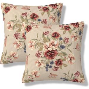 Flowers Leaves Throw Pillow Covers Floral Pattern Pillow Covers 18x18 Inch Set of 2 Vintage Roses Square Pillowcase Decorative Cushion Cases for Home Bedroom Couch Sofa (Red)