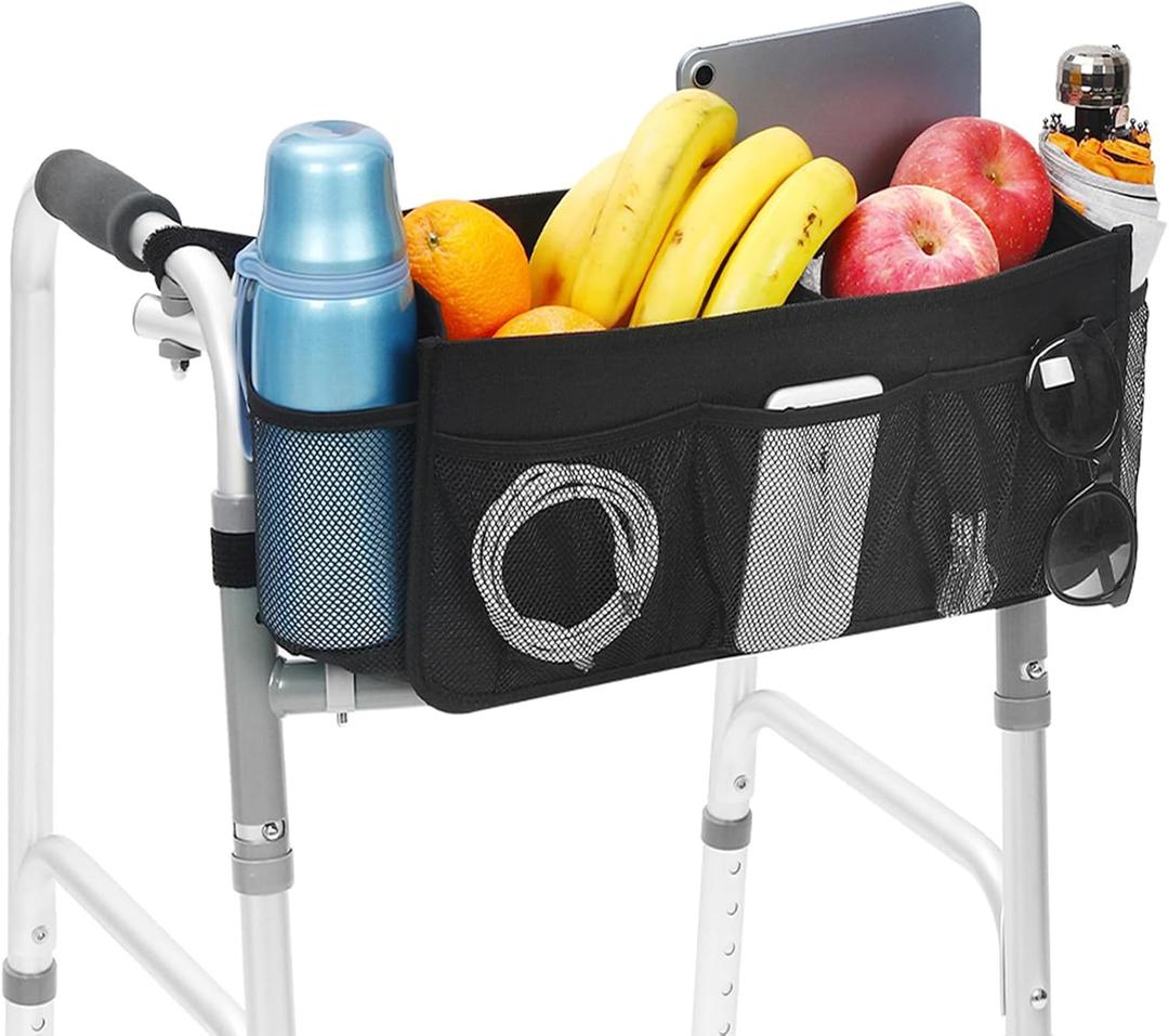 Upgrade Walker Basket with Cup Holder, Foldable Walker Storage Bag for Seniors with Big Capacity & Never Tipping Over, Best Gift for Family (Black)