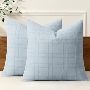 MIULEE Decorative Linen Check Throw Pillow Covers Neutral Farmhouse Vintage Pillow Covers 20x20 Set of 2 Boho Modern Home Decor for Sofa Couch Bedroom Cushion Coastal Blue