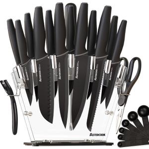 Astercook Knife Set with Block and Sharpener, 22 Piece Kitchen Knife Set Dishwasher Safe, Space-Saving Clear Knife Block with Knives for Everyday Home Cooking Black
