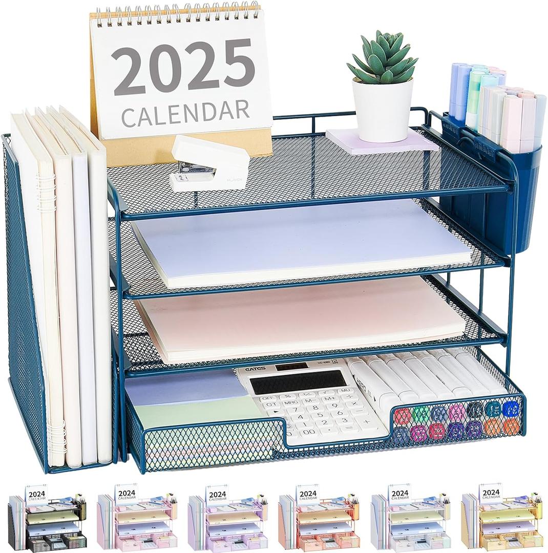 OPNICE Desk Organizer, 4-Tier Desktop File Organizer with Drawer and 2 Pen Holders, Office Desk Accessories, File Sorters, Workspace Organizers for Office Supplies(Dark Blue)