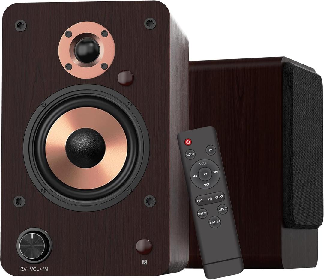 Active Bookshelf Speakers 100W with Bluetooth, 4'' Aluminum Woofer, Support Optical, Coaxial, RCA, USB, AUX-in Ports for or TV, PC and Turntable (LP42M-Brown)