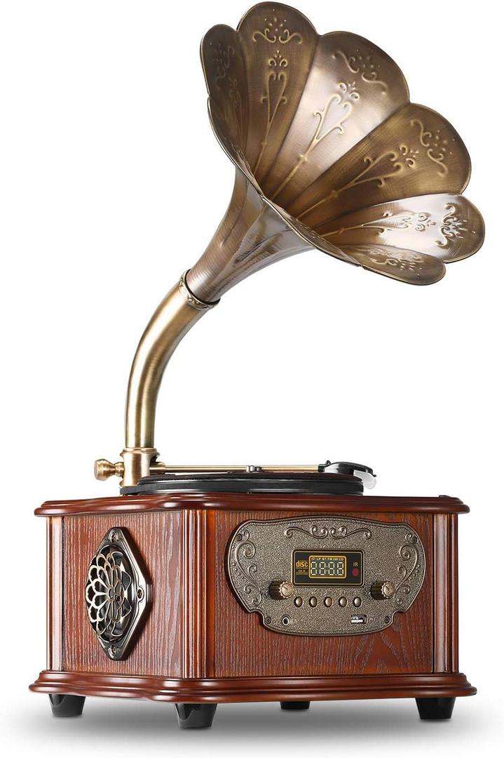 Record Player Retro Turntable All in One Vintage Phonograph Nostalgic Gramophone for LP with Copper Horn, Built-in Speaker 3.5mm Aux-in/USB