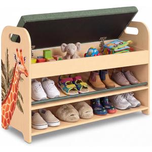 Kids & Toddler Shoe Rack with Bench Seat: Solid Pine Wood 2-Tier Shoe Organizer with Hidden Storage - Safari Giraffe Design Kids Furniture - Cushioned Seat, Rounded Safety Corners, Easy Assembly, 40 inches x 13 inches x 27 inches