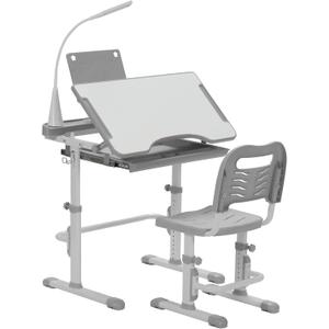 SMAGREHO Kids' Desk and Chair Set, Height Adjustable Child's School Study Writing Tables with Tilt Desktop, LED Light, Storage Drawer, Book Stand(Grey), Onesize