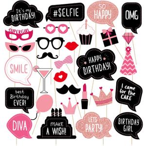 Kit de accesorios para cabina de fotos de cumpleaos, suministros de fiesta de cumpleaos, decoracin de fiesta de cumpleaos con purpurina real, bonitos diseos de cumpleaos para mujeres o nias,