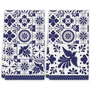 Mexican Kitchen Towels Blue Patchwork Tiles Dish Towels Mexican Fiesta Talavera Floral Bird Decor Mexican Dia de Los Muertos Decorations for Simple Life Home Party
