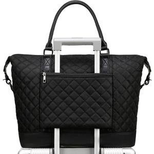 Bluboon Travel Tote Bags with Zipper Ladies Canvas Bag Weekender Overnight Bag for Women Carry on Duffel Bag Trolley Sleeve (Black Quilted)