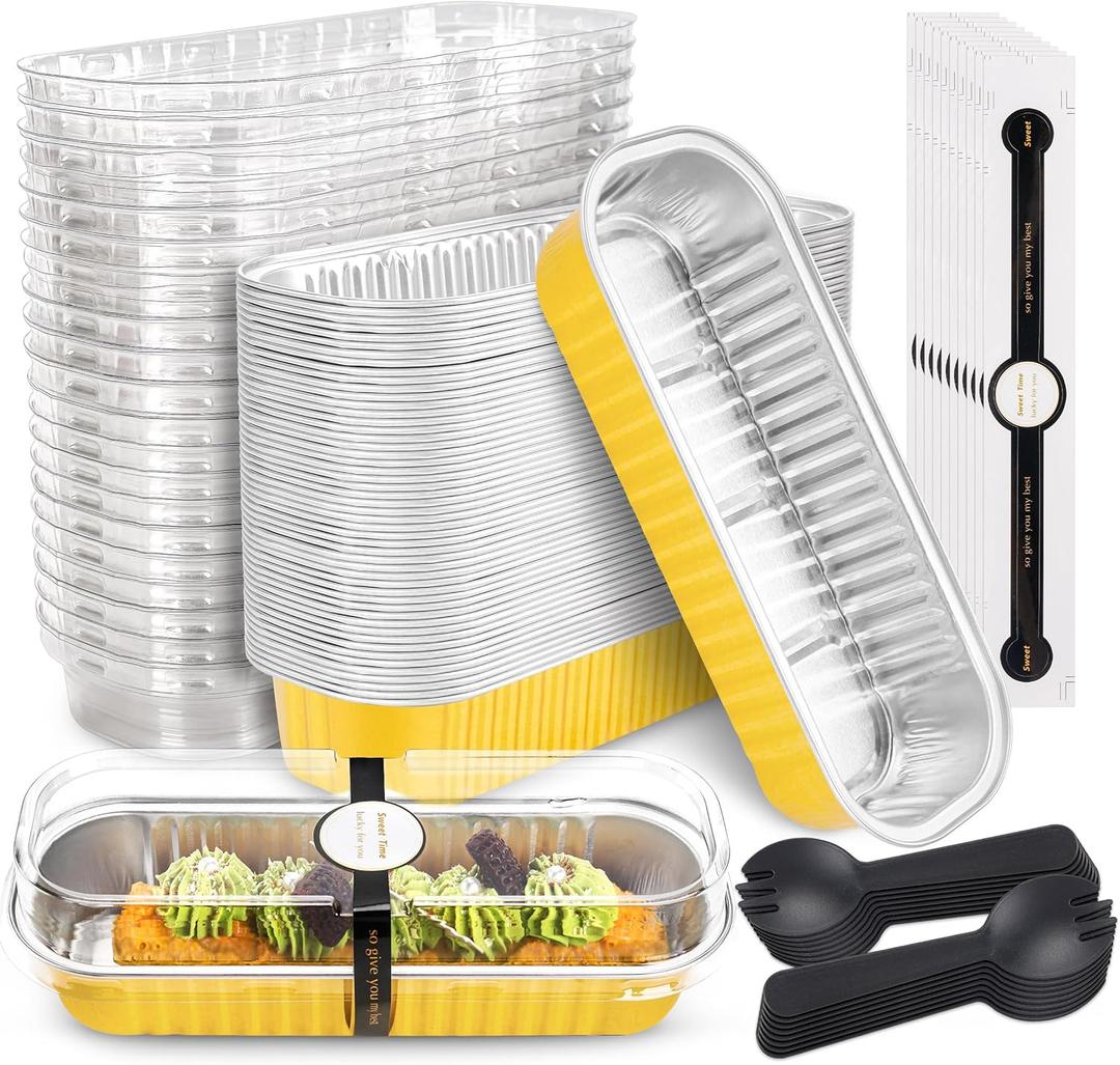 NPLUX 50 Pack Mini Cake Pans with Lids and Spoons Gold Rectangular Aluminum Foil Baking Pans Mini Cheesecake Containers(6.8oz) (Glod)