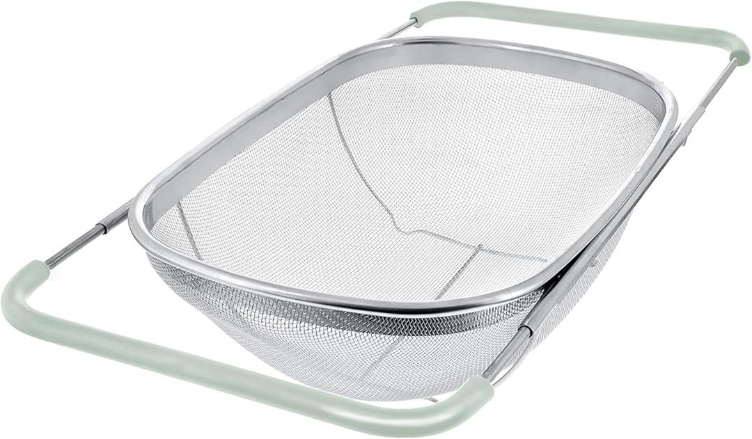 AJIODA Over The Sink Colander, 6 Quarts Stainless Steel Oval Colander with Expandable Rubber Grip Handle, Fine Mesh Strainer Baskets Kitchen Colanders for Strain, Drain, Rinse Vegetables, Large, Mint Green