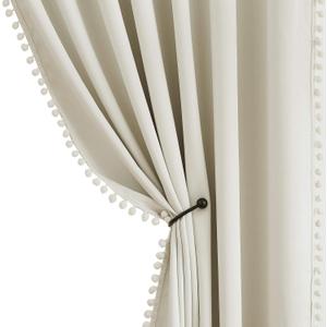 Treatmentex Pompom Blackout Window Curtain Panels Natural Ivory Full Blackout Curtains for Bedroom Basement Small Windows 52" W x 45" L 2 Panels Rod Pocket