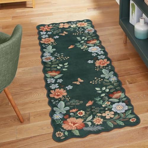 Floral Small Rug, 2x 3,5 Kitchen Rugs Non Slip Washable Rug Ultra-Thin, Soft Front Door Mat Indoor Entrance Boho Low-Pile Entry Carpet for Bathroom Bedroom Flore (2x3,5ft,Dark Green)
