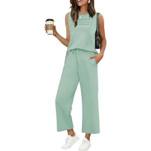 Ekouaer Womens Two Piece Lounge Sets for Summer Sleeveless Top Wide Leg Pants Matching Sets Airport Travel Outfit Red Small