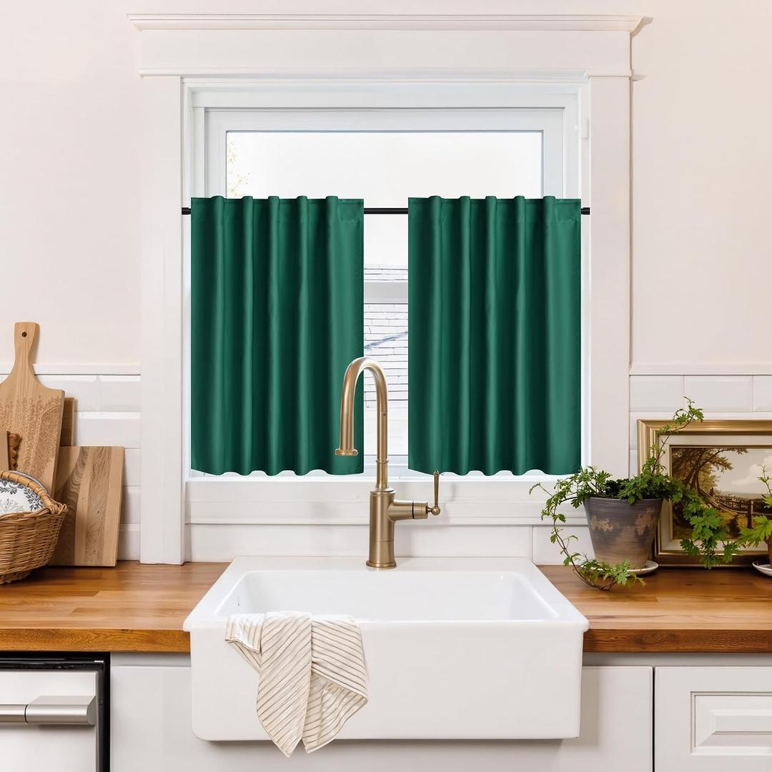 RYB HOME 100% Blackout Short Curtains for Small Window, Thermal Insulated Noise Reducing Back Tab Curtains for Nursery Bathroom Basement, 42 inches Wide by 30 inches Long, Dark Green