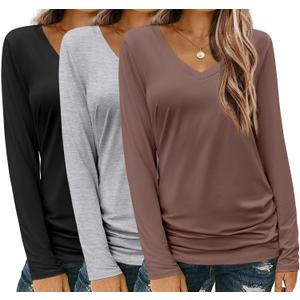 Zeagoo 3 Pack Womens T Shirts V Neck Long Sleeve Shirt Casual Tops Soft Solid Basic Tee Fall Outfits S-XXL (Large, Black, Brown, Grey)