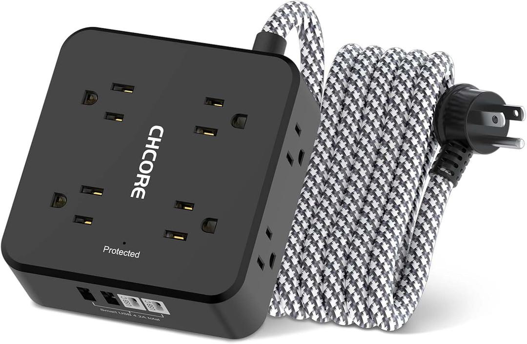 Surge Protector Power Strip - CHCORE 10Ft Braided Extension Cord with 8 Outlets with 4 USB (2 USB C) Charging Ports, Flat Plug Multi Plug Outlet Extender Charging Station for Home Office, ETL, Black