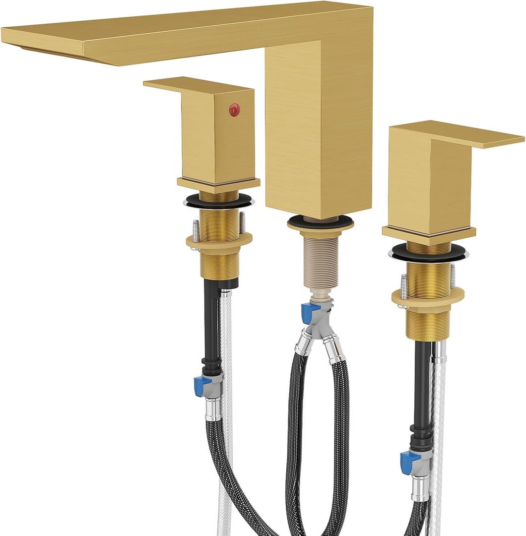 BESy Waterfall Roman Tub Faucets, Deck Mount Bathtub Faucets Set, Garden 3 Holes Two Handles Widespread Bath Tub Filler Tub Faucets with Valve, cUPC Supply Hoses, Brushed Gold