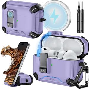 Inesore for AirPods Pro 3 Case (2025) with Phone Stand & Cleaning Kit, Compatible with Magsafe, Magnetic Automatic Lock Cover for AirPods Pro 3rd Generation, Purple